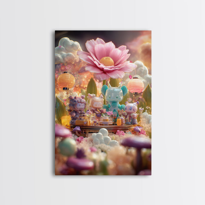 The Monster Flower Shop, Cute Spooky Neon Art, Vertical Wall Art, Framed Canvas Print, Retro Halloween Decor, Neon Wall Art