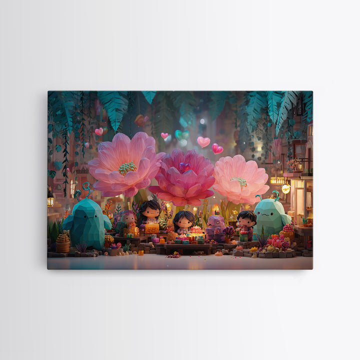 The Monster Flower Shop, Retro Neon Halloween Art, Landscape Wall Art, Framed Canvas Print, Retro Halloween Decor, Neon Wall Art
