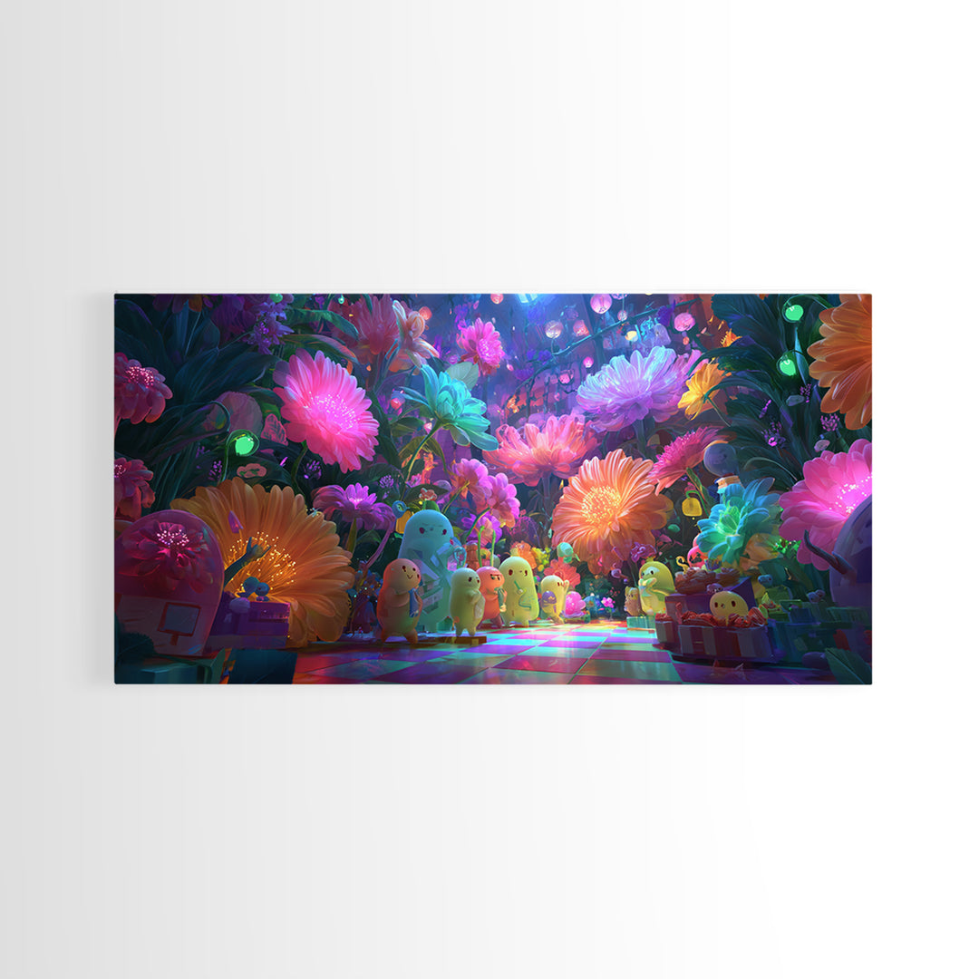 The Monster Flower Shop, Cute Spooky Neon Art, Wide Panoramic Art, Canvas Print, Retro Halloween Decor, Neon Wall Art, Macabre Wall Art