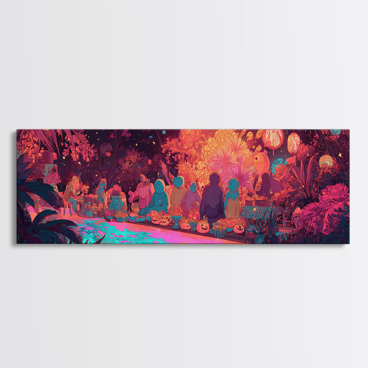 The Monster Flower Shop, Synthwave Halloween Art, Extra Wide Wall Art, Framed Canvas Print, Retro Halloween Decor, Neon Wall Art