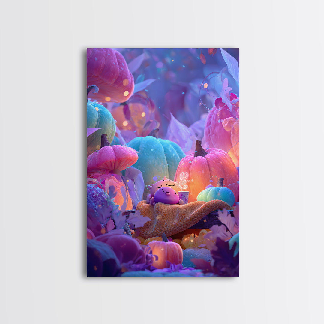 The Monster Hide-And-Seek Game, Synthwave Halloween Art, Vertical Wall Art, Canvas Print, Retro Halloween Decor, Neon Wall Art
