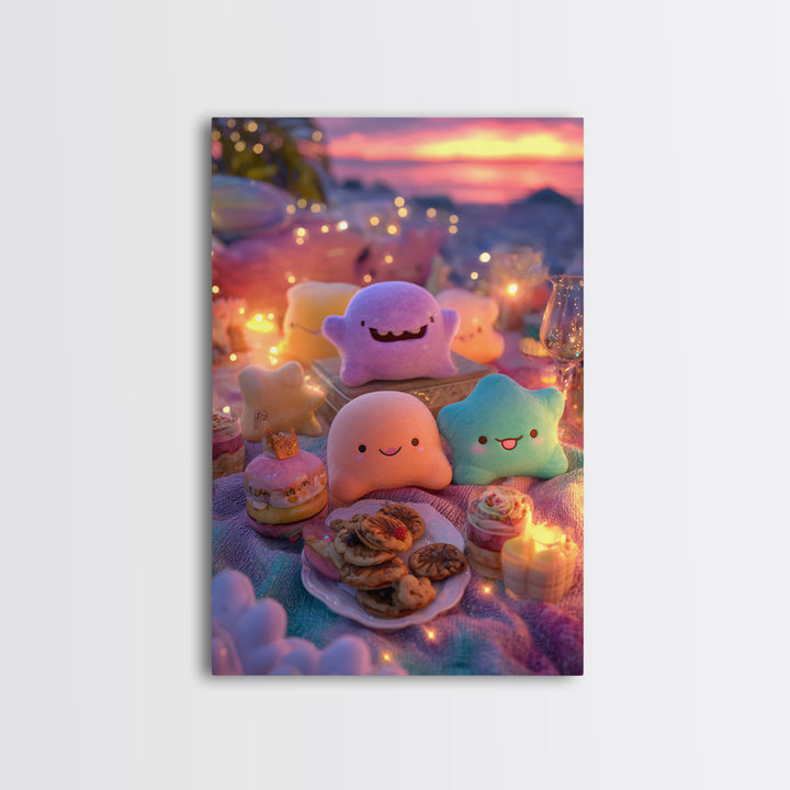 The Monster Friendship Picnic, Cute Spooky Neon Art, Vertical Wall Art, Canvas Print, Retro Halloween Decor, Neon Wall Art, Dark Fantasy Art