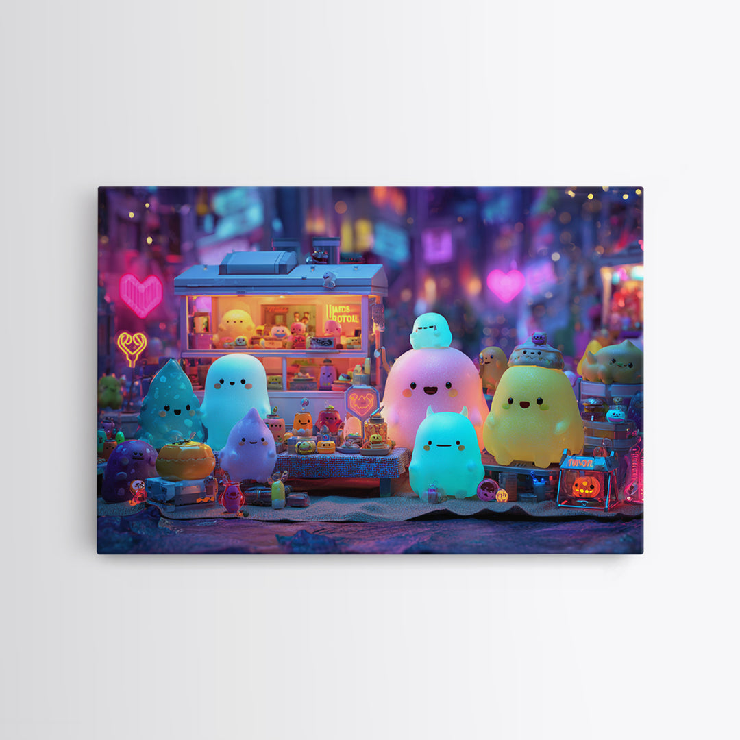 The Monster Friendship Picnic, Retro Neon Halloween Art, Landscape Wall Art, Framed Canvas Print, Retro Halloween Decor, Neon Wall Art