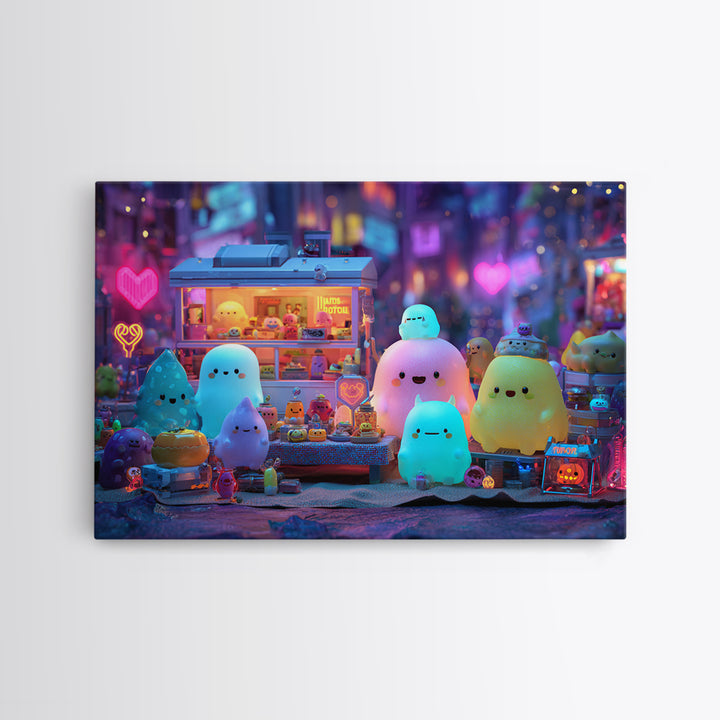 The Monster Friendship Picnic, Retro Neon Halloween Art, Landscape Wall Art, Framed Canvas Print, Retro Halloween Decor, Neon Wall Art