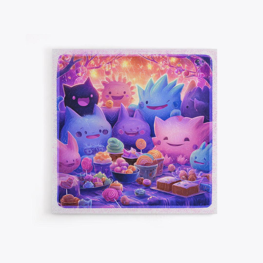 The Monster Friendship Picnic, Vaporwave Halloween Decor, Square Wall Art, Canvas Print, Retro Halloween Decor, Neon Wall Art