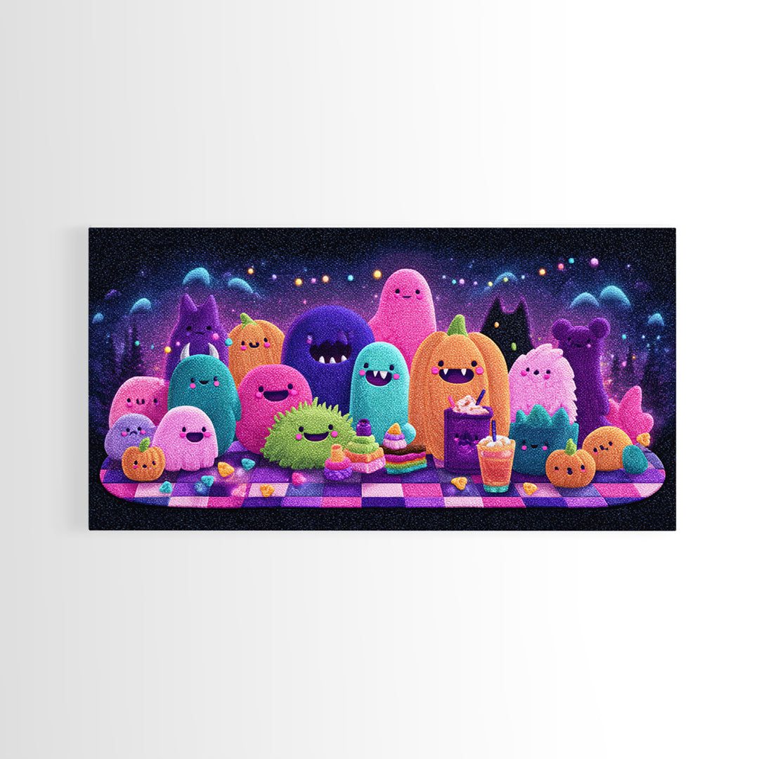 The Monster Friendship Picnic, Retro Neon Halloween Art, Wide Panoramic Art, Canvas Print, Retro Halloween Decor, Neon Wall Art