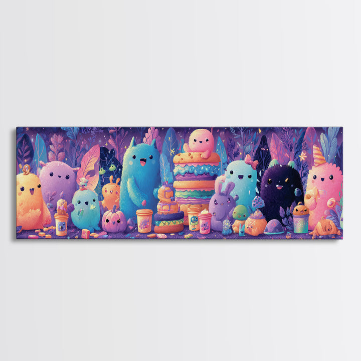 The Monster Friendship Picnic, Synthwave Halloween Art, Extra Wide Wall Art, Framed Canvas Print, Retro Halloween Decor, Neon Wall Art