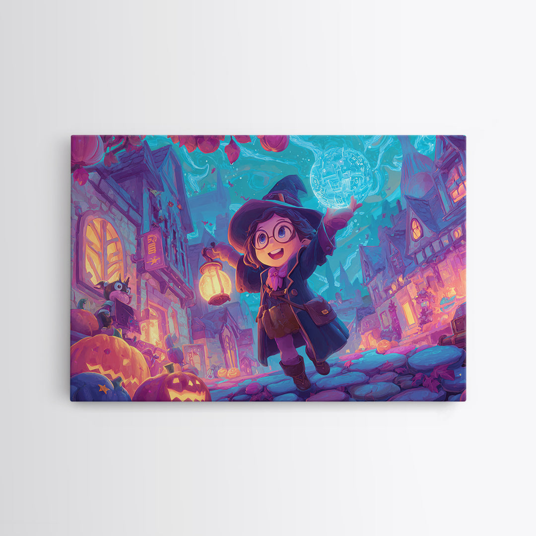 The Trick-Or-Treat Treasure Hunt, 80s Halloween Wall Art, Landscape Wall Art, Framed Canvas Print, Retro Halloween Decor, Neon Wall Art
