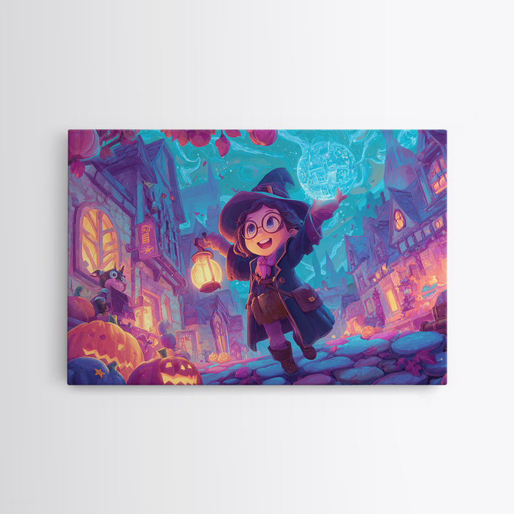 The Trick-Or-Treat Treasure Hunt, 80s Halloween Wall Art, Landscape Wall Art, Framed Canvas Print, Retro Halloween Decor, Neon Wall Art