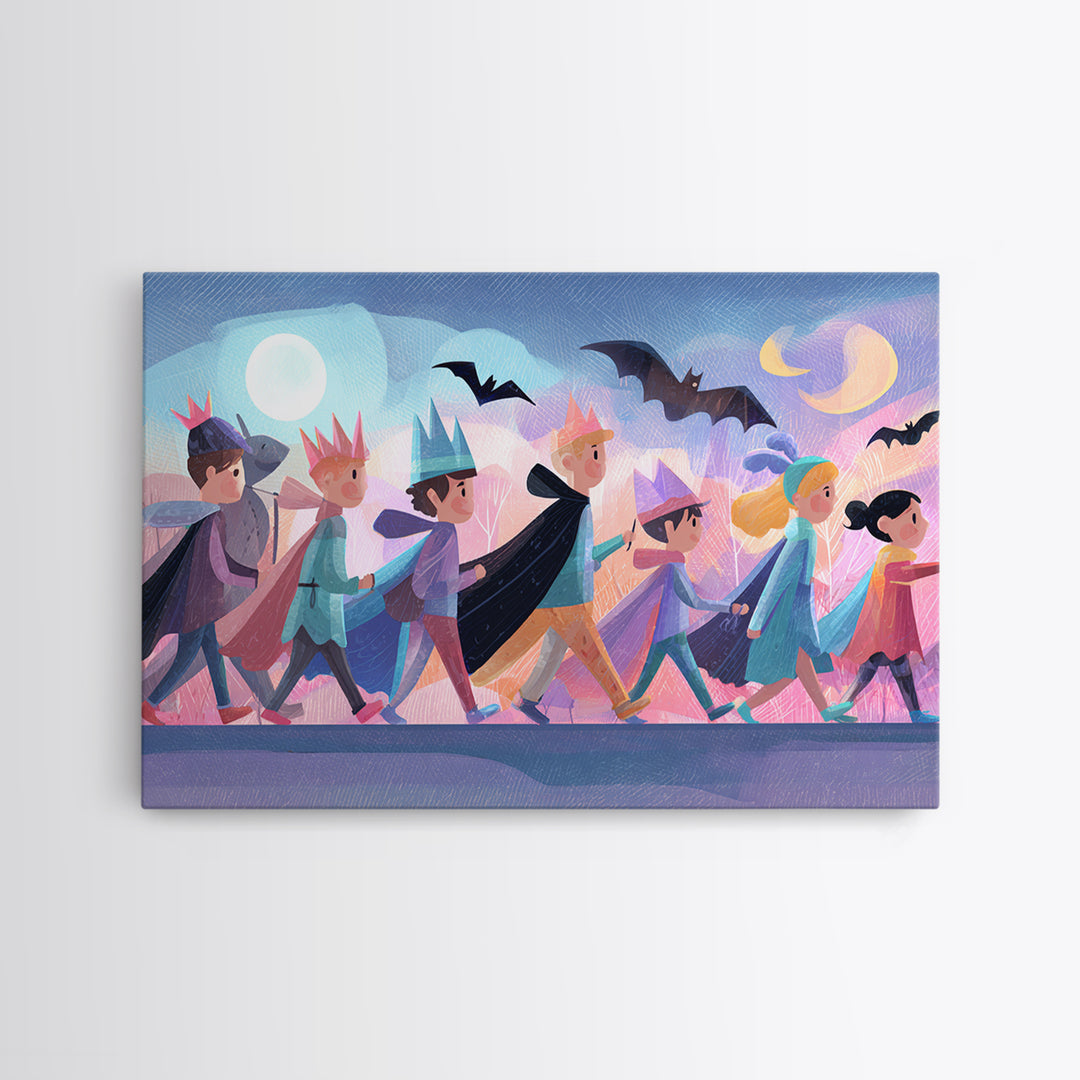 The Costume Parade, Cute Spooky Neon Art, Landscape Wall Art, Canvas Print, Retro Halloween Decor, Neon Wall Art, Statement Wall Art