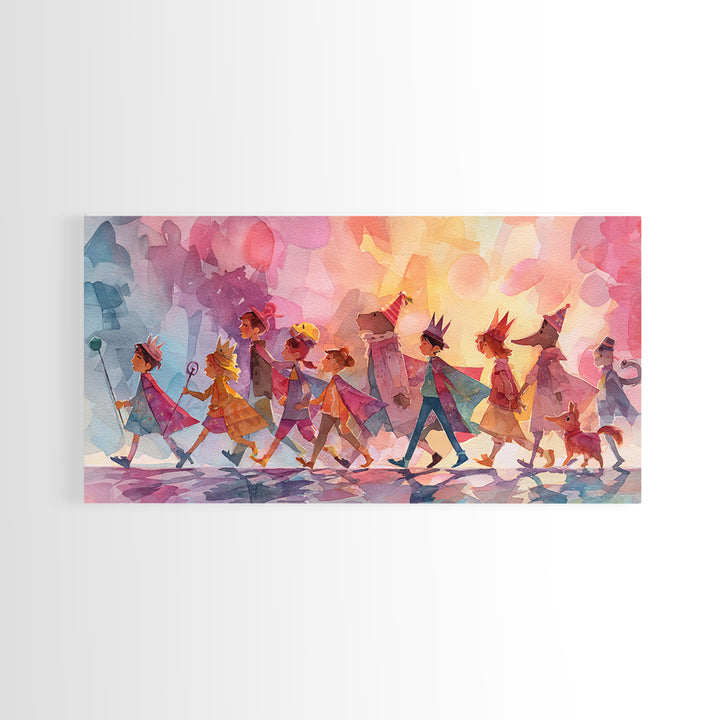 The Costume Parade, Retro Neon Halloween Art, Wide Panoramic Art, Canvas Print, Retro Halloween Decor, Neon Wall Art, Seasonal Home Decor