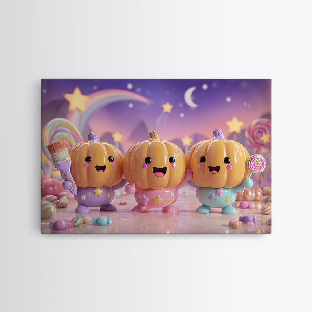 The Pumpkin Painting Party, Synthwave Halloween Art, Landscape Wall Art, Canvas Print, Retro Halloween Decor, Neon Wall Art