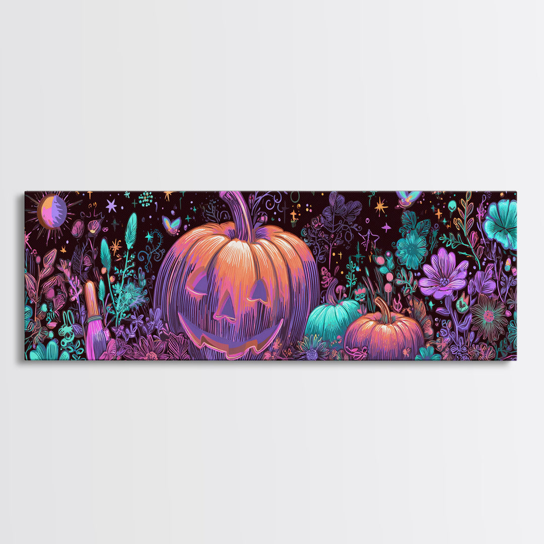 The Pumpkin Painting Party, 80s Halloween Wall Art, Extra Wide Wall Art, Canvas Print, Retro Halloween Decor, Neon Wall Art