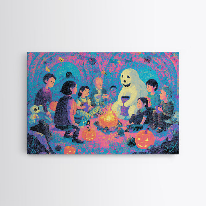 The Halloween Story Circle, Retro Neon Halloween Art, Landscape Wall Art, Canvas Print, Retro Halloween Decor, Neon Wall Art