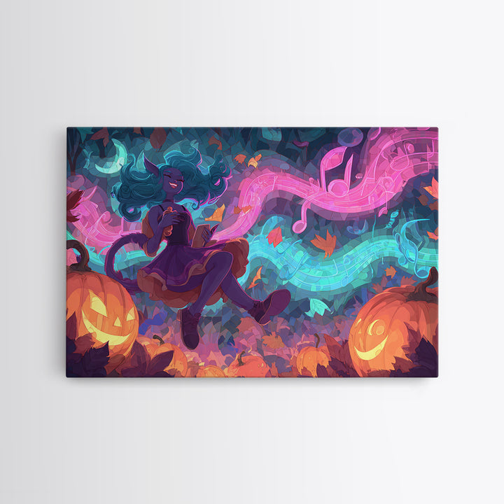 The Moonlight Dance Party, Retro Neon Halloween Art, Landscape Wall Art, Framed Canvas Print, Retro Halloween Decor, Neon Wall Art