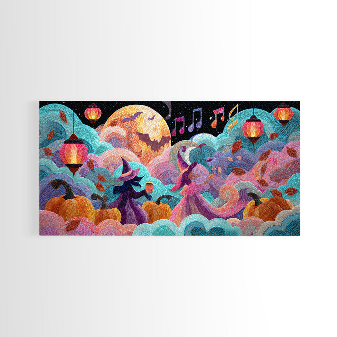 The Moonlight Dance Party, Cute Spooky Neon Art, Wide Panoramic Art, Framed Canvas Print, Retro Halloween Decor, Neon Wall Art
