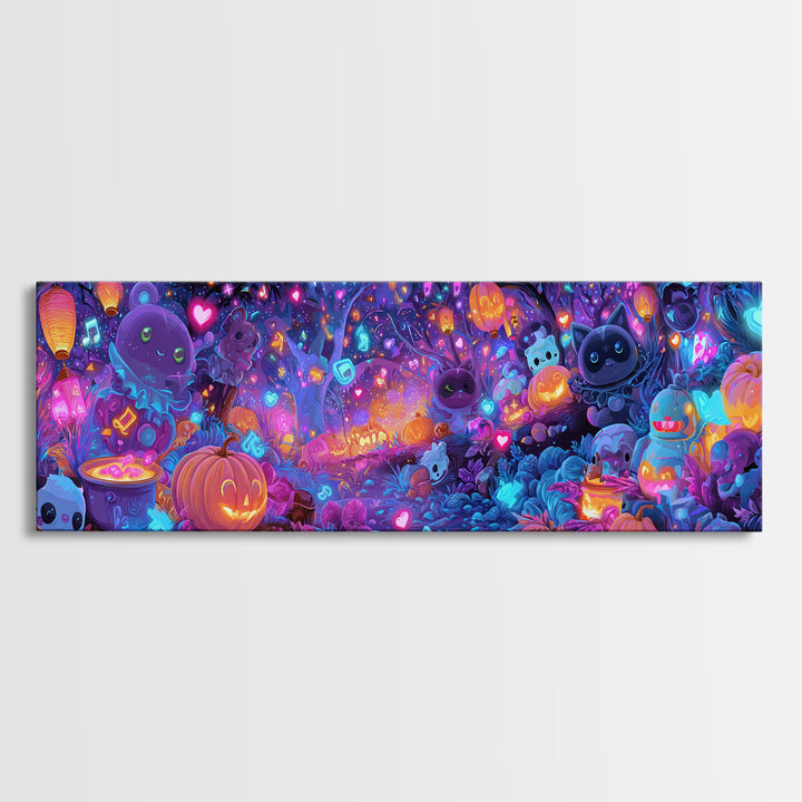 The Moonlight Dance Party, Synthwave Halloween Art, Extra Wide Wall Art, Canvas Print, Retro Halloween Decor, Neon Wall Art