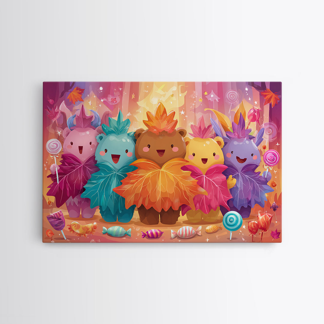 The Autumn Leaf Costume Contest, Retro Neon Halloween Art, Landscape Wall Art, Canvas Print, Retro Halloween Decor, Neon Wall Art