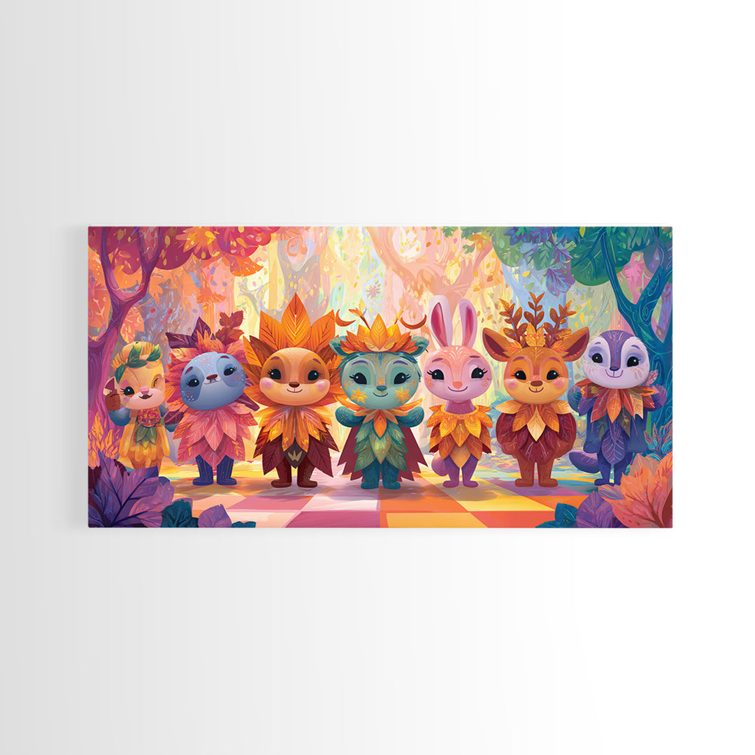 The Autumn Leaf Costume Contest, Cute Spooky Neon Art, Wide Panoramic Art, Canvas Print, Retro Halloween Decor, Neon Wall Art