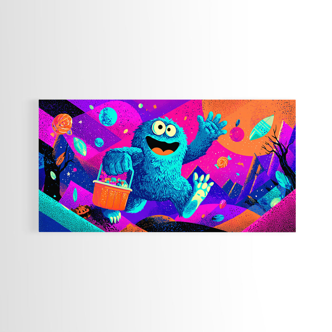 The Candy Bucket Relay Race, Cute Spooky Neon Art, Wide Panoramic Art, Canvas Print, Retro Halloween Decor, Neon Wall Art, Dark Fantasy Art