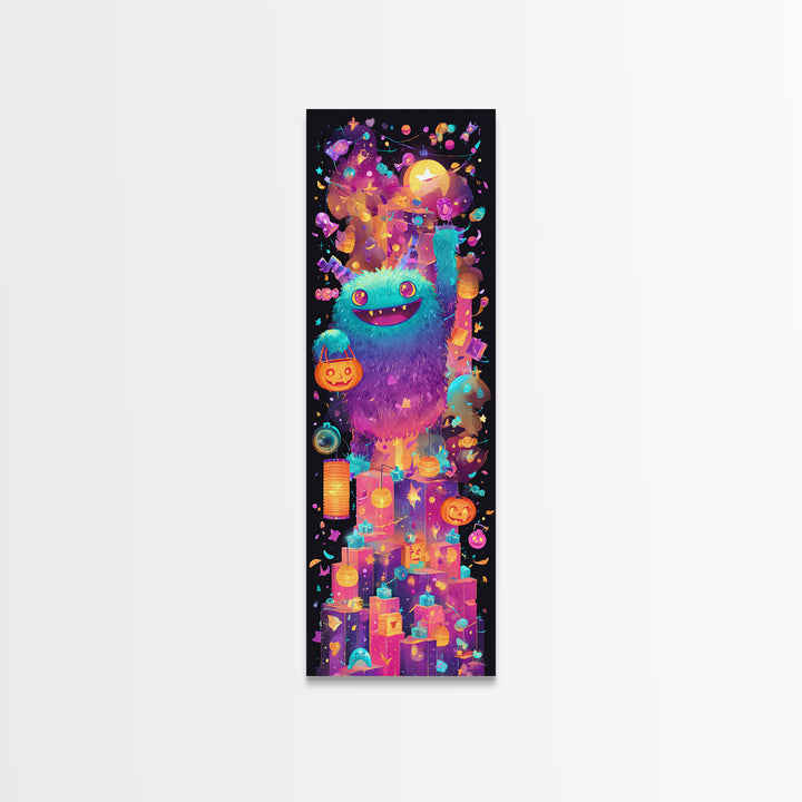 The Candy Bucket Relay Race, 80s Halloween Wall Art, Tall Narrow Wall Art, Framed Canvas Print, Retro Halloween Decor, Neon Wall Art