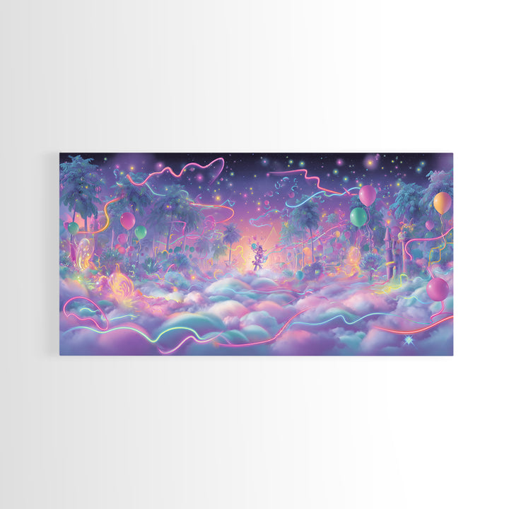 The Broomstick Obstacle Course, Vaporwave Halloween Decor, Wide Panoramic Art, Framed Canvas Print, Retro Halloween Decor, Neon Wall Art