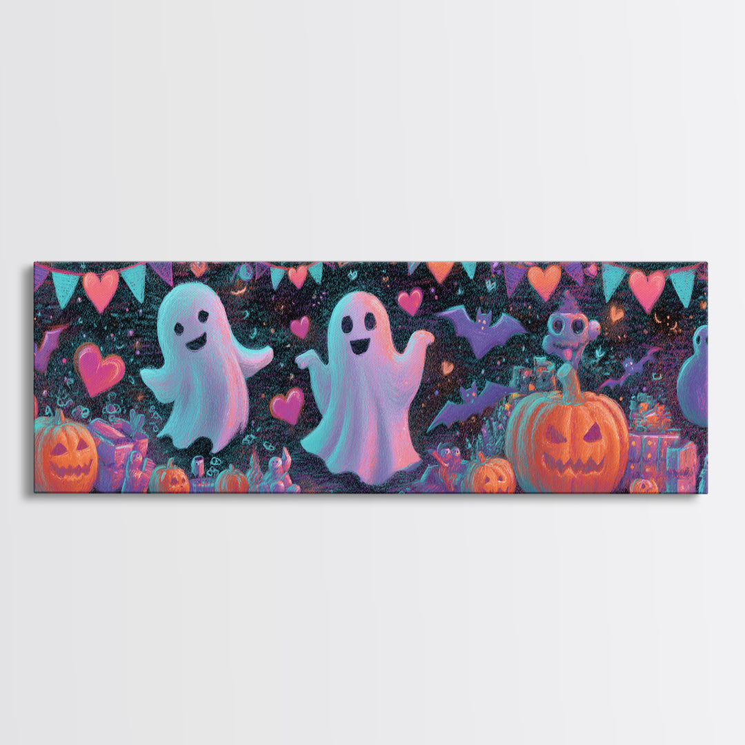 The Halloween Craft Table, Retro Neon Halloween Art, Extra Wide Wall Art, Framed Canvas Print, Retro Halloween Decor, Neon Wall Art
