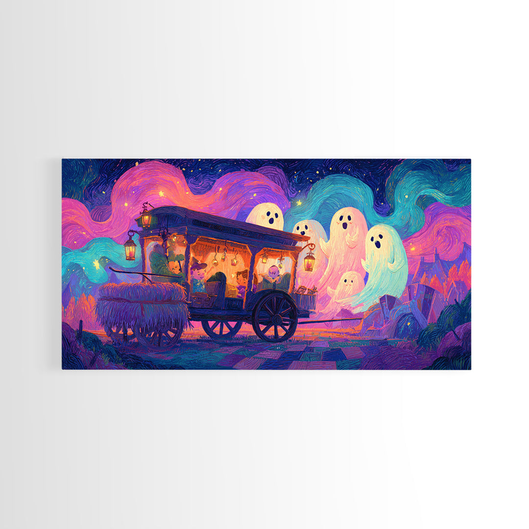 The Friendly Haunted Hayride, 80s Halloween Wall Art, Wide Panoramic Art, Canvas Print, Retro Halloween Decor, Neon Wall Art