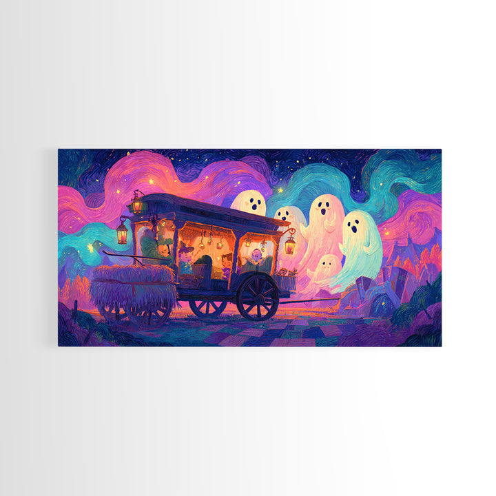 The Friendly Haunted Hayride, 80s Halloween Wall Art, Wide Panoramic Art, Canvas Print, Retro Halloween Decor, Neon Wall Art