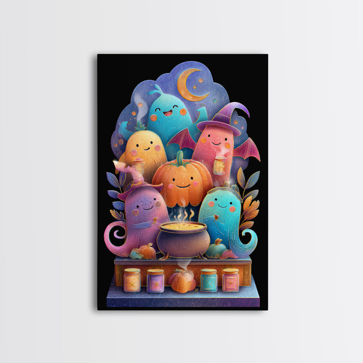 The Pumpkin Pancake Breakfast, Retro Neon Halloween Art, Vertical Wall Art, Canvas Print, Retro Halloween Decor, Neon Wall Art