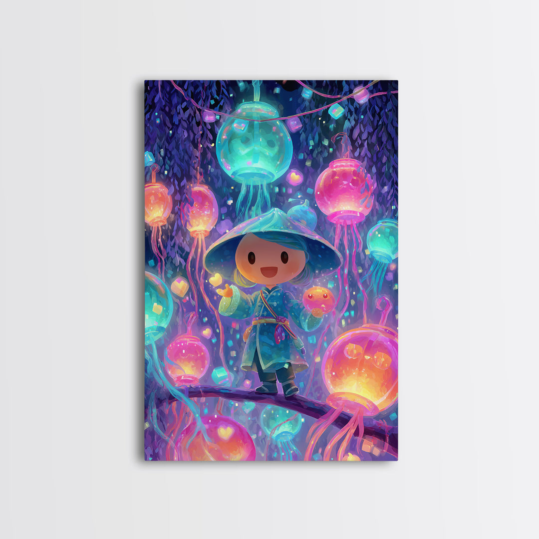 The Lantern-Making Festival, Vaporwave Halloween Decor, Vertical Wall Art, Canvas Print, Retro Halloween Decor, Neon Wall Art
