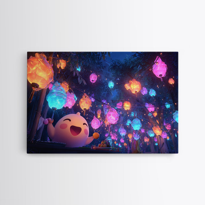 The Lantern-Making Festival, Retro Neon Halloween Art, Landscape Wall Art, Canvas Print, Retro Halloween Decor, Neon Wall Art