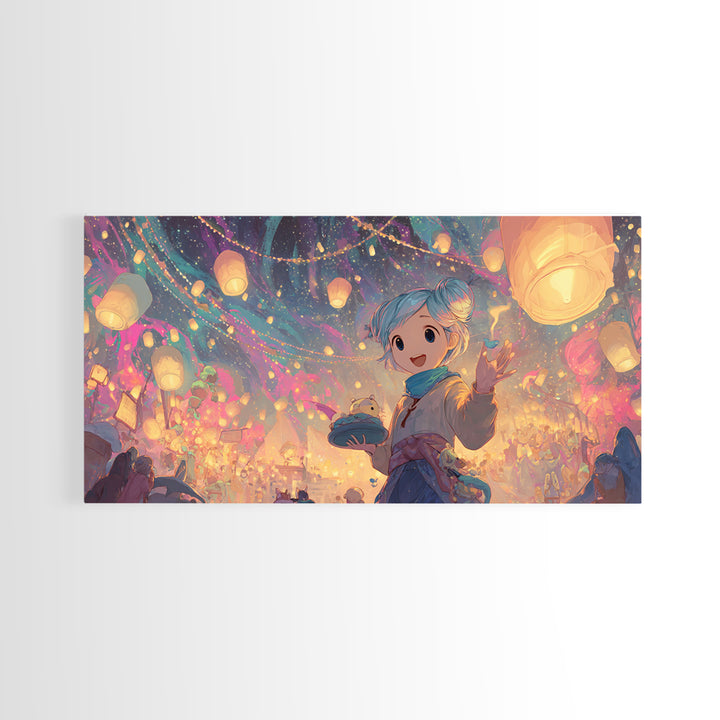 The Lantern-Making Festival, Vaporwave Halloween Decor, Wide Panoramic Art, Canvas Print, Retro Halloween Decor, Neon Wall Art