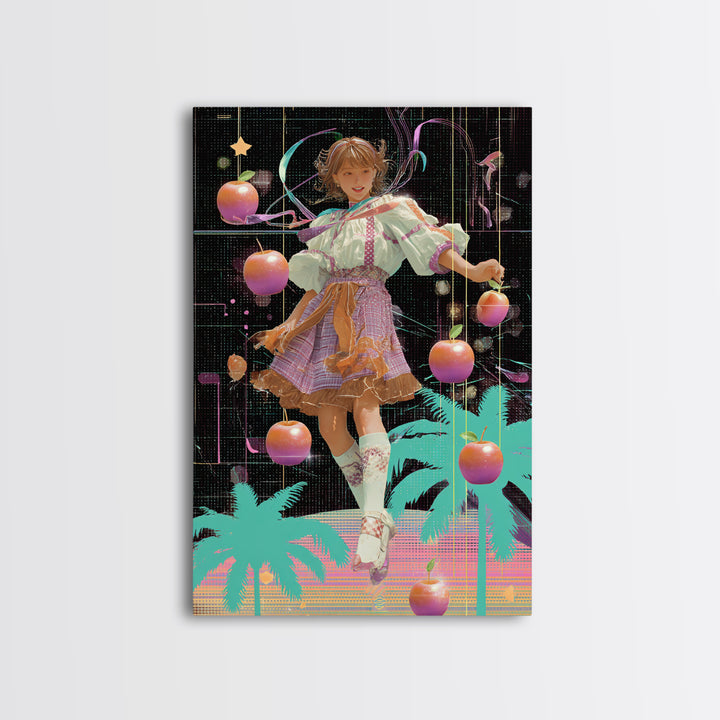 The Candy Apple Dance, Vaporwave Halloween Decor, Vertical Wall Art, Framed Canvas Print, Retro Halloween Decor, Neon Wall Art