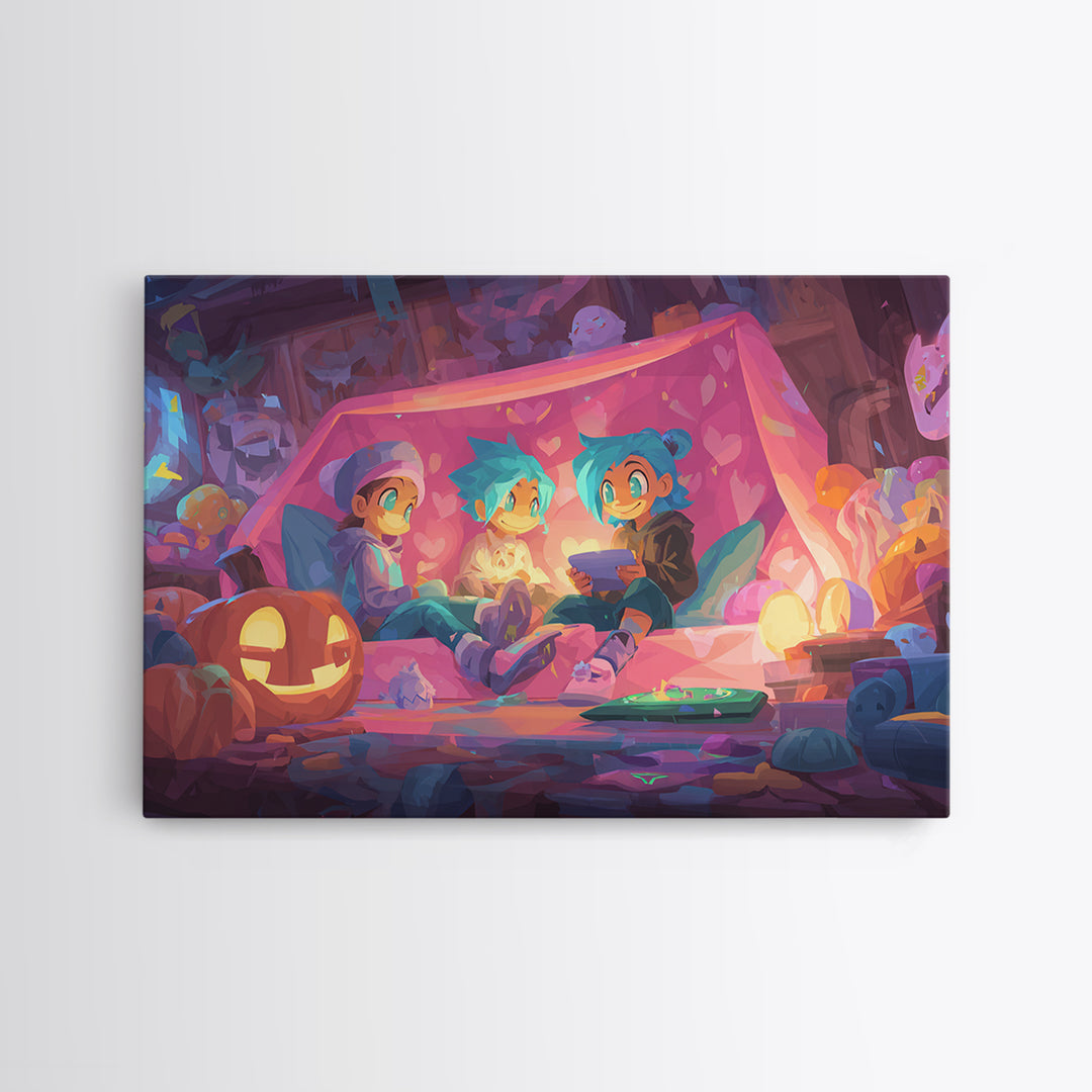 The Halloween Sleepover, 80s Halloween Wall Art, Landscape Wall Art, Framed Canvas Print, Retro Halloween Decor, Neon Wall Art