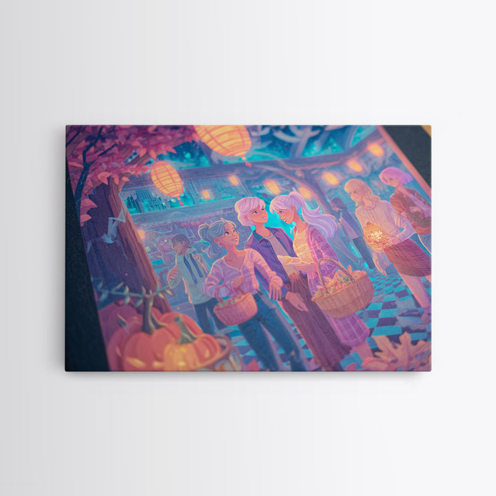 The Moonlit Scavenger Hunt, 80s Halloween Wall Art, Landscape Wall Art, Framed Canvas Print, Retro Halloween Decor, Neon Wall Art