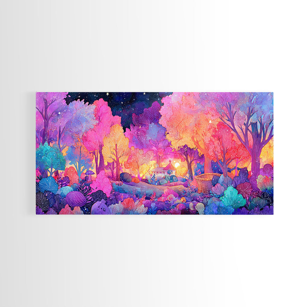 The Moonlit Scavenger Hunt, 80s Halloween Wall Art, Wide Panoramic Art, Canvas Print, Retro Halloween Decor, Neon Wall Art