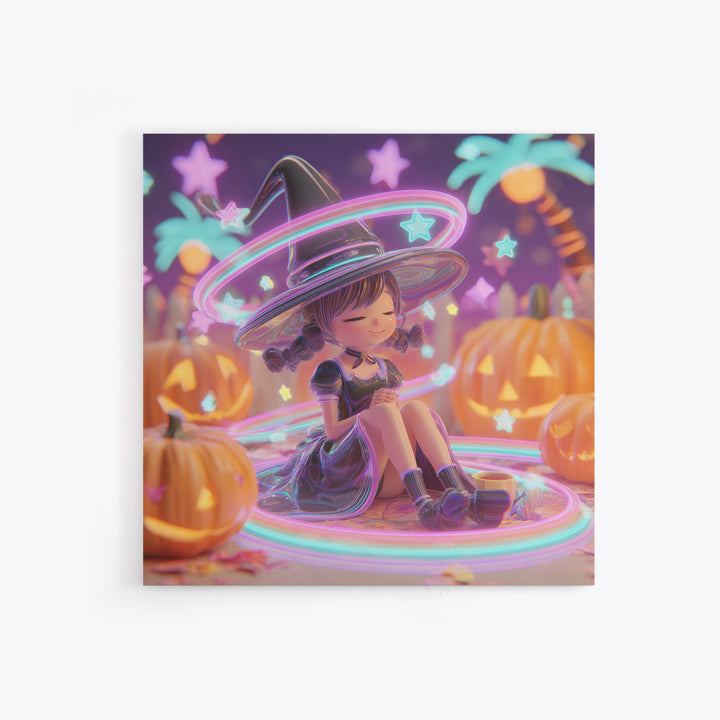 The Witch Hat Ring Toss, Retro Neon Halloween Art, Square Wall Art, Canvas Print, Retro Halloween Decor, Neon Wall Art