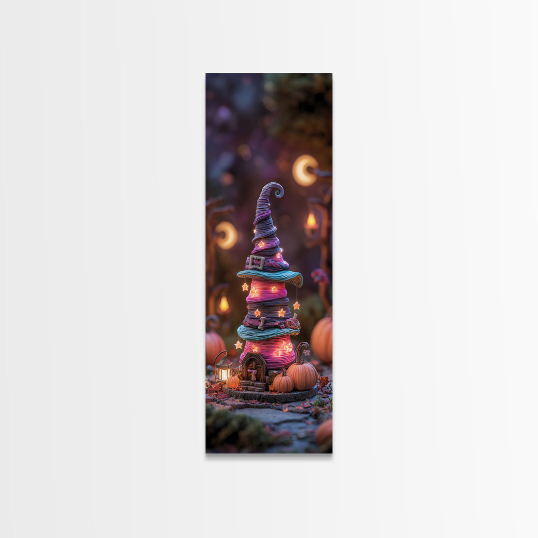 The Witch Hat Ring Toss, 80s Halloween Wall Art, Tall Narrow Wall Art, Framed Canvas Print, Retro Halloween Decor, Neon Wall Art