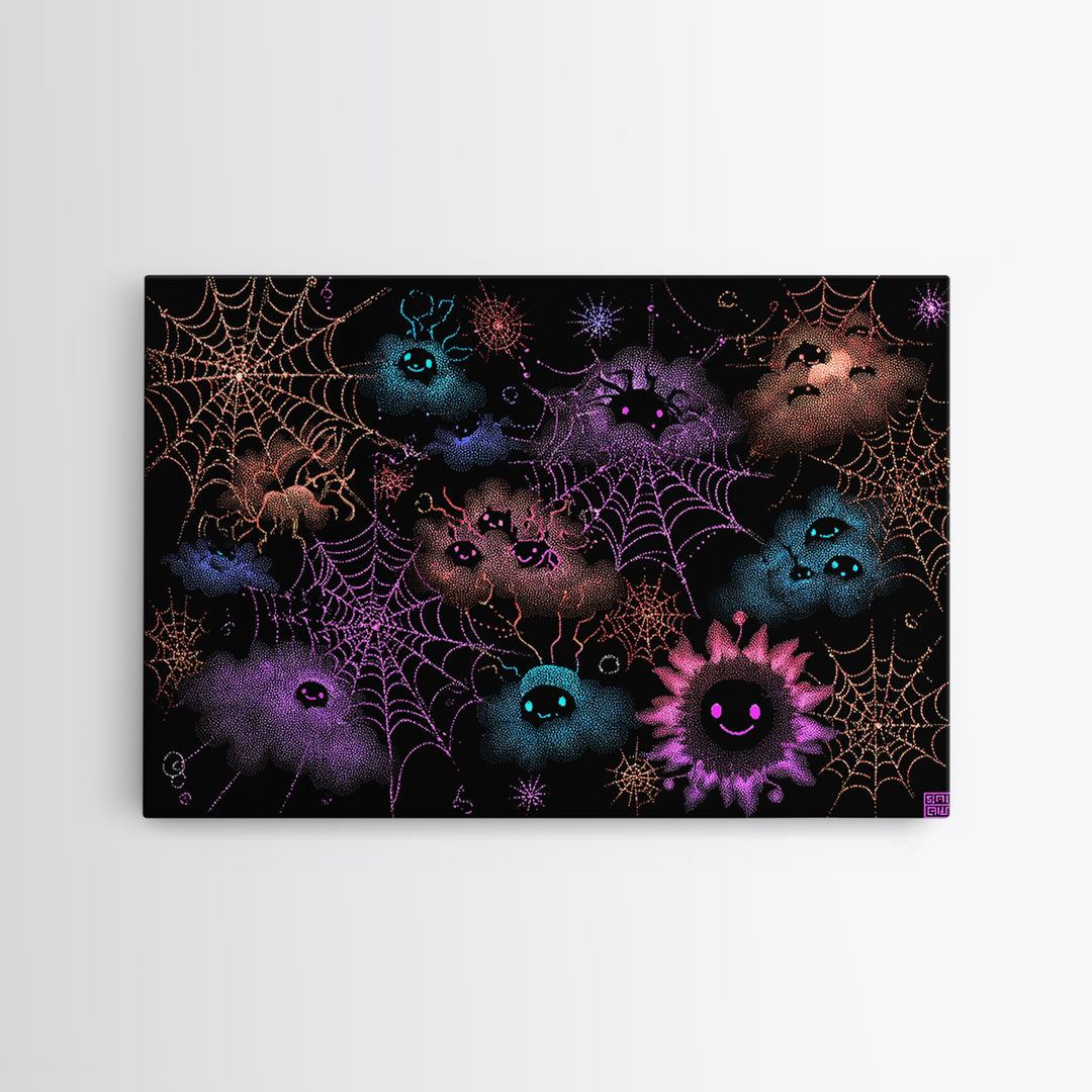 The Great Cobweb Knitting Contest, Vaporwave Halloween Decor, Landscape Wall Art, Canvas Print, Retro Halloween Decor, Neon Wall Art