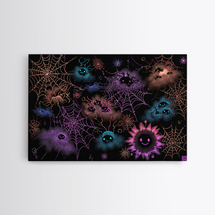 The Great Cobweb Knitting Contest, Vaporwave Halloween Decor, Landscape Wall Art, Canvas Print, Retro Halloween Decor, Neon Wall Art