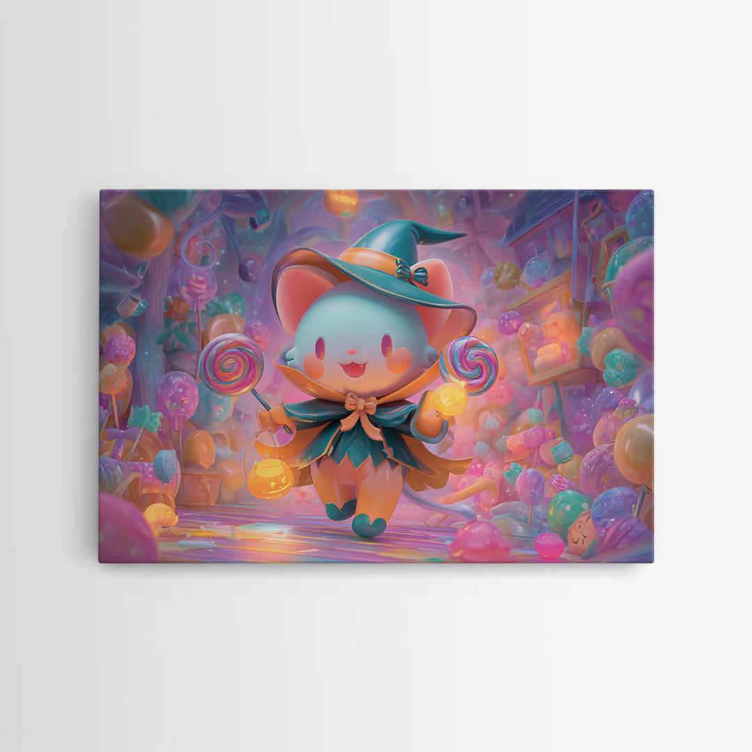 The Halloween Pet Parade, 80s Halloween Wall Art, Landscape Wall Art, Framed Canvas Print, Retro Halloween Decor, Neon Wall Art