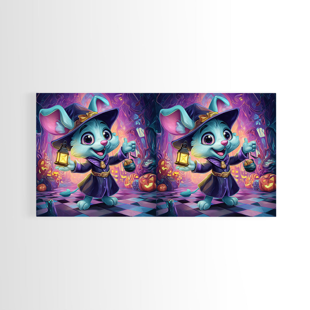 The Halloween Pet Parade, Synthwave Halloween Art, Wide Panoramic Art, Framed Canvas Print, Retro Halloween Decor, Neon Wall Art