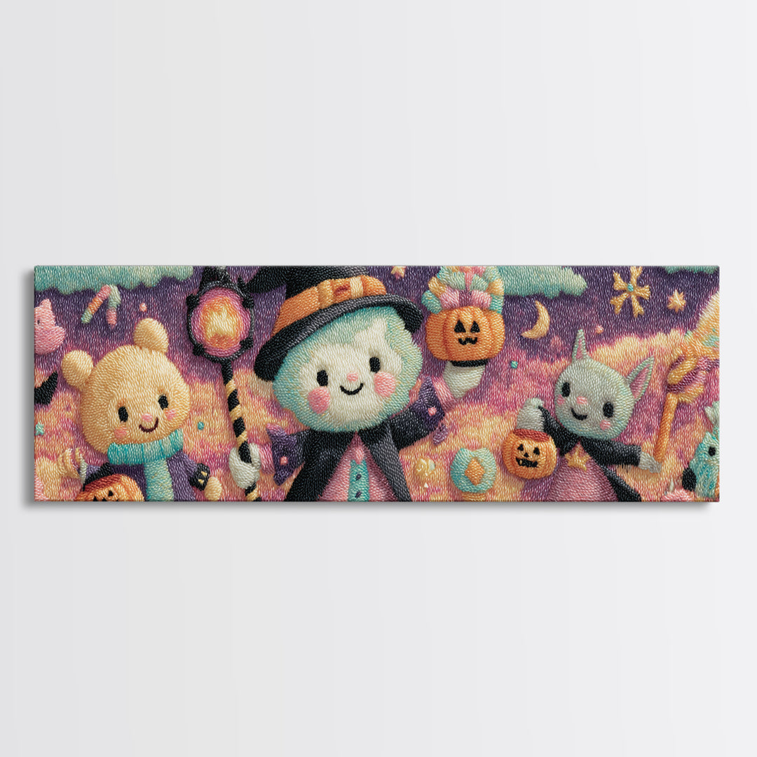The Halloween Pet Parade, Vaporwave Halloween Decor, Extra Wide Wall Art, Framed Canvas Print, Retro Halloween Decor, Neon Wall Art
