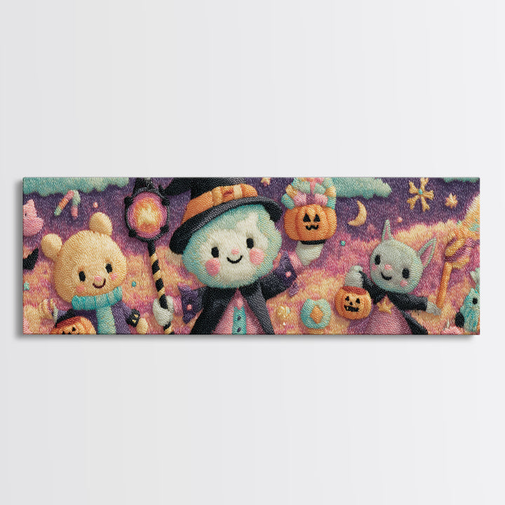 The Halloween Pet Parade, Vaporwave Halloween Decor, Extra Wide Wall Art, Framed Canvas Print, Retro Halloween Decor, Neon Wall Art