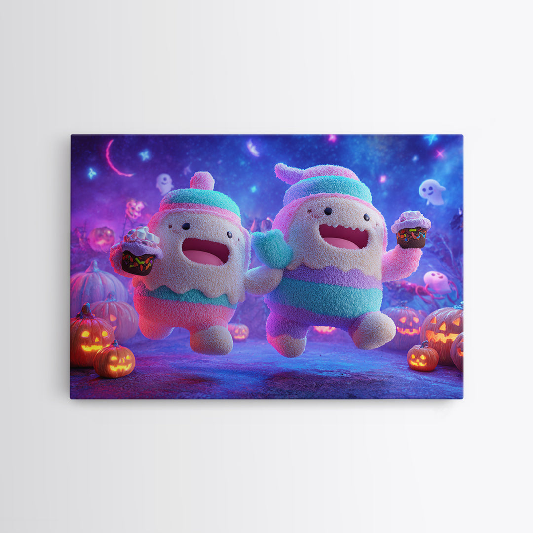The Midnight Cocoa Party, Retro Neon Halloween Art, Landscape Wall Art, Canvas Print, Retro Halloween Decor, Neon Wall Art, Dark Fantasy Art