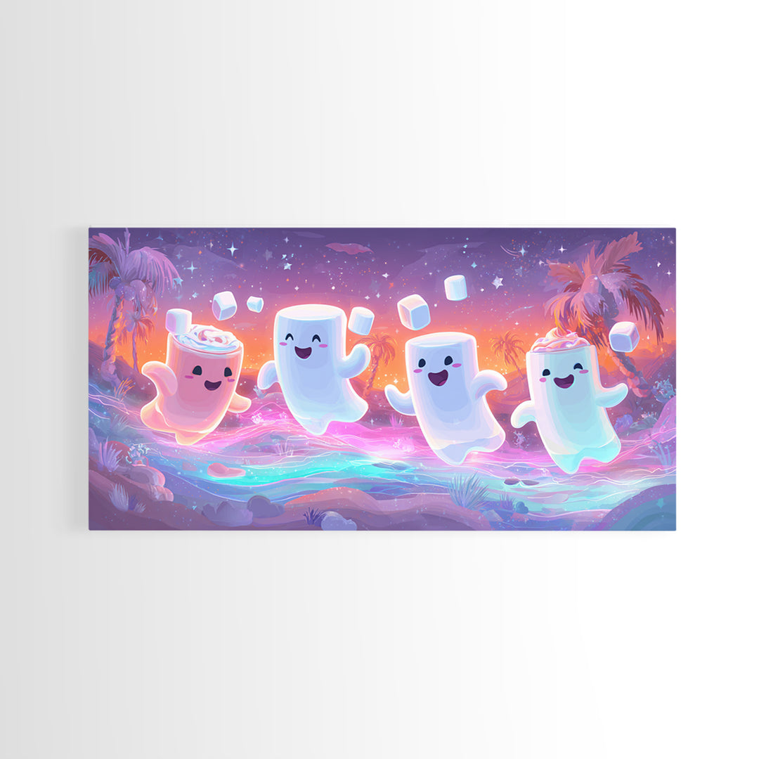 The Midnight Cocoa Party, Vaporwave Halloween Decor, Wide Panoramic Art, Framed Canvas Print, Retro Halloween Decor, Neon Wall Art