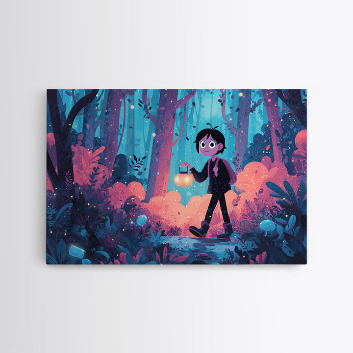 The Firefly Lantern Forest, Cute Spooky Neon Art, Landscape Wall Art, Canvas Print, Retro Halloween Decor, Neon Wall Art