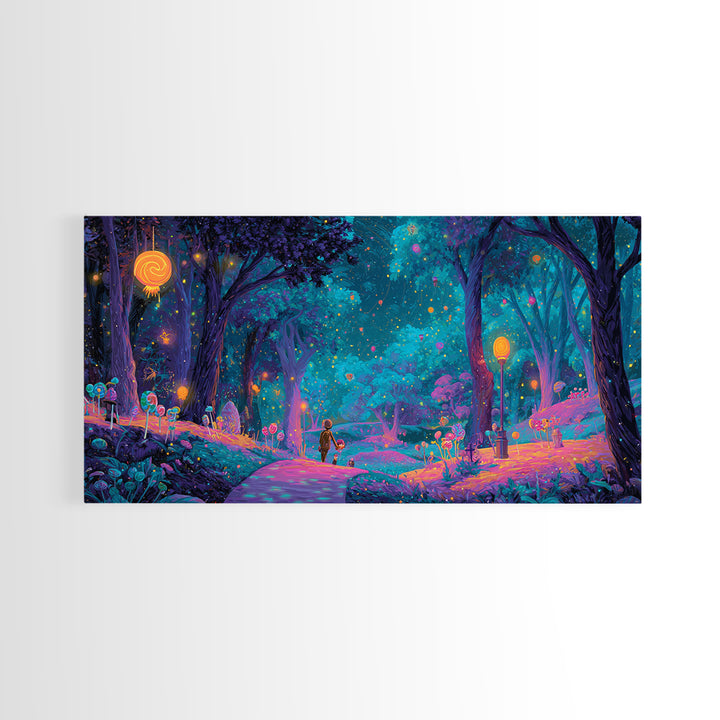 The Firefly Lantern Forest, Vaporwave Halloween Decor, Wide Panoramic Art, Framed Canvas Print, Retro Halloween Decor, Neon Wall Art