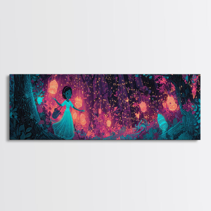 The Firefly Lantern Forest, Vaporwave Halloween Decor, Extra Wide Wall Art, Framed Canvas Print, Retro Halloween Decor, Neon Wall Art
